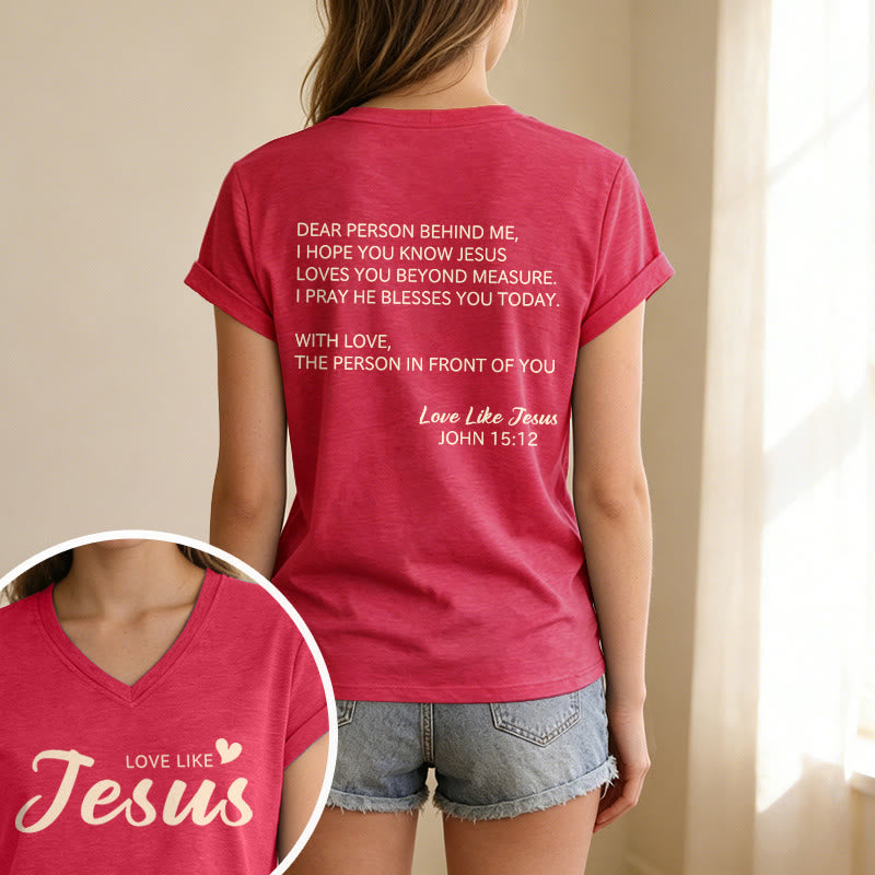 Christianartworkshop Liebe Person hinter mir – Rückseite: Johannes 15,12 – Vorderseite: Liebes-Slogan – Lässiges V-Ausschnitt-T-Shirt - image 31