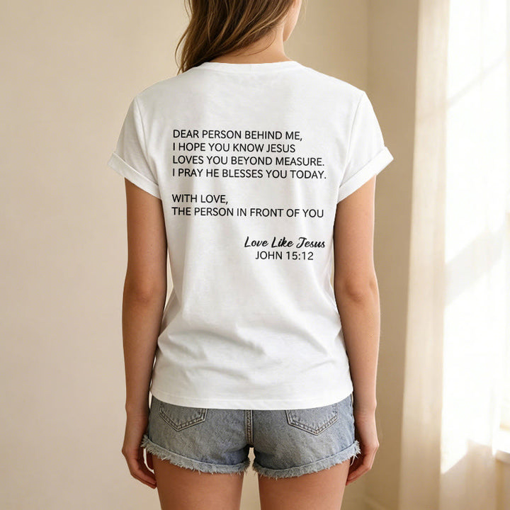 Christianartworkshop Liebe Person hinter mir – Rückseite: Johannes 15,12 – Vorderseite: Liebes-Slogan – Lässiges V-Ausschnitt-T-Shirt - image 65