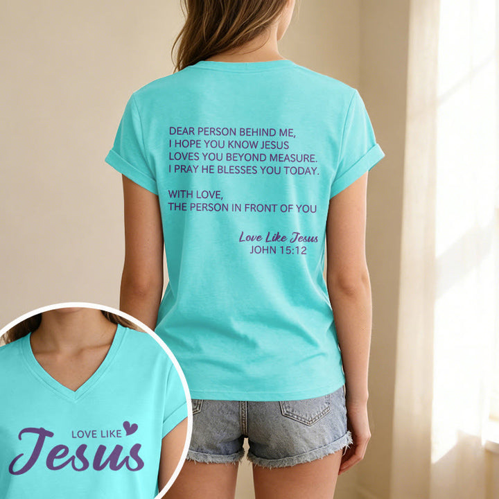 Christianartworkshop Liebe Person hinter mir – Rückseite: Johannes 15,12 – Vorderseite: Liebes-Slogan – Lässiges V-Ausschnitt-T-Shirt - image 67