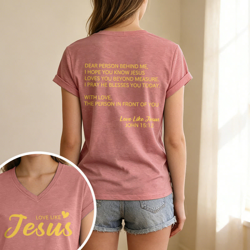 Christianartworkshop Liebe Person hinter mir – Rückseite: Johannes 15,12 – Vorderseite: Liebes-Slogan – Lässiges V-Ausschnitt-T-Shirt - image 7