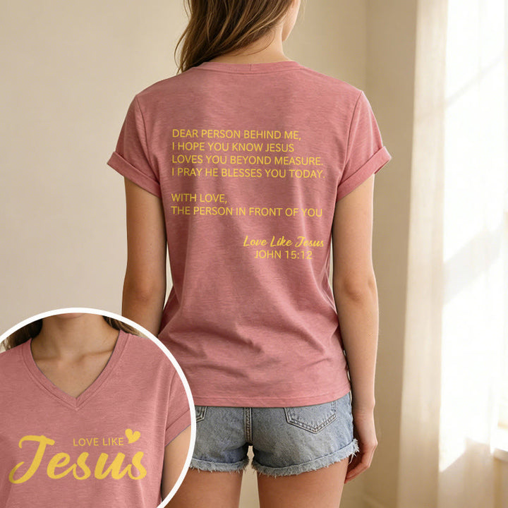Christianartworkshop Liebe Person hinter mir – Rückseite: Johannes 15,12 – Vorderseite: Liebes-Slogan – Lässiges V-Ausschnitt-T-Shirt - image 7