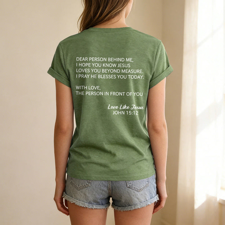 Christianartworkshop Liebe Person hinter mir – Rückseite: Johannes 15,12 – Vorderseite: Liebes-Slogan – Lässiges V-Ausschnitt-T-Shirt - image 59