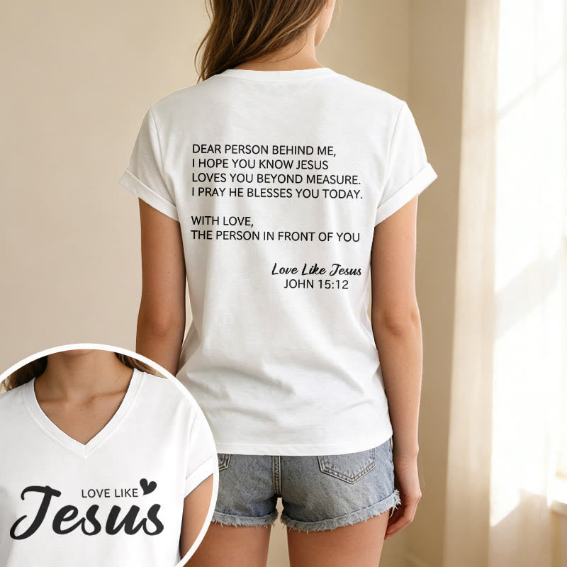 Christianartworkshop Liebe Person hinter mir – Rückseite: Johannes 15,12 – Vorderseite: Liebes-Slogan – Lässiges V-Ausschnitt-T-Shirt - image 61
