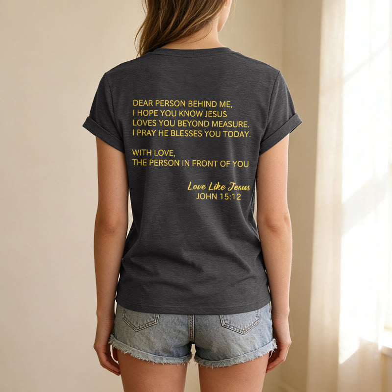 Christianartworkshop Liebe Person hinter mir – Rückseite: Johannes 15,12 – Vorderseite: Liebes-Slogan – Lässiges V-Ausschnitt-T-Shirt - image 5