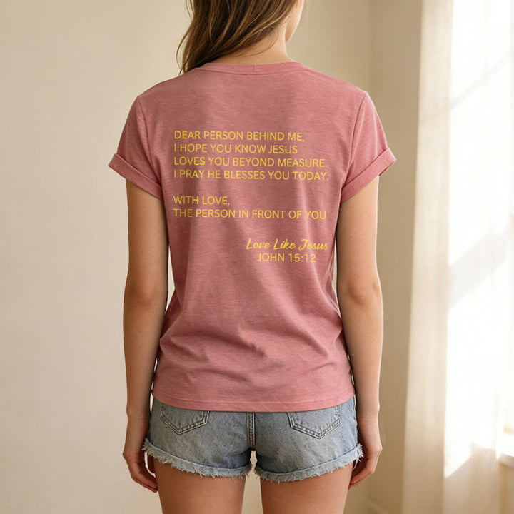 Christianartworkshop Liebe Person hinter mir – Rückseite: Johannes 15,12 – Vorderseite: Liebes-Slogan – Lässiges V-Ausschnitt-T-Shirt - image 11
