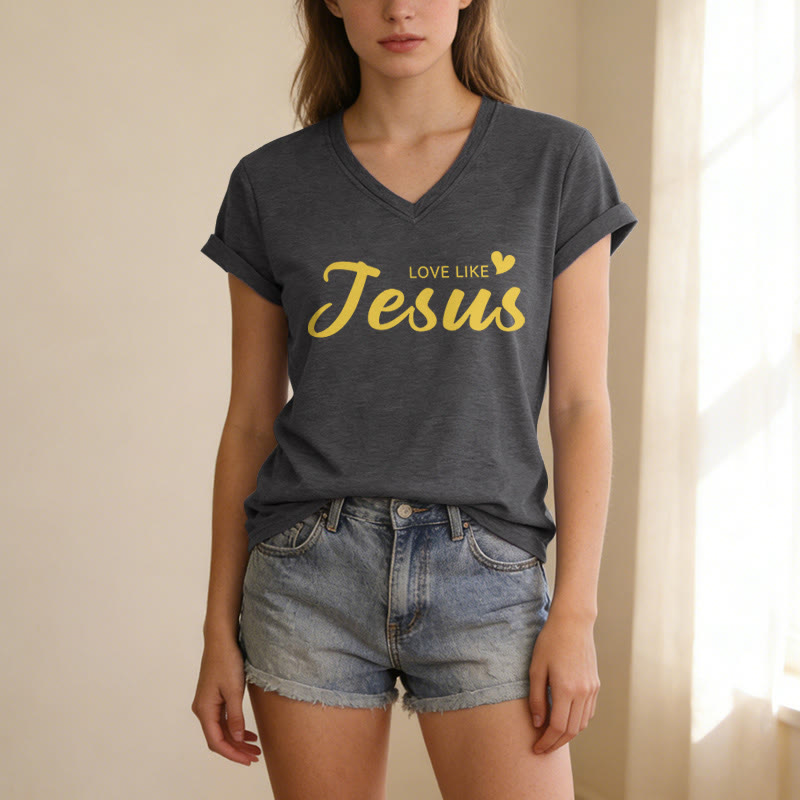 Christianartworkshop Liebe Person hinter mir – Rückseite: Johannes 15,12 – Vorderseite: Liebes-Slogan – Lässiges V-Ausschnitt-T-Shirt - image 3