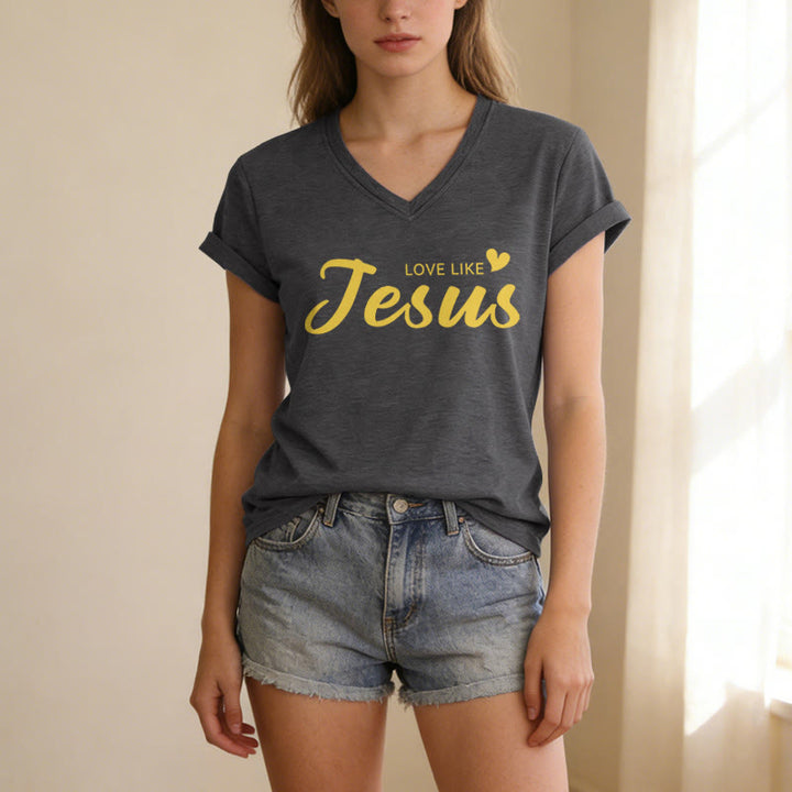 Christianartworkshop Liebe Person hinter mir – Rückseite: Johannes 15,12 – Vorderseite: Liebes-Slogan – Lässiges V-Ausschnitt-T-Shirt - image 3