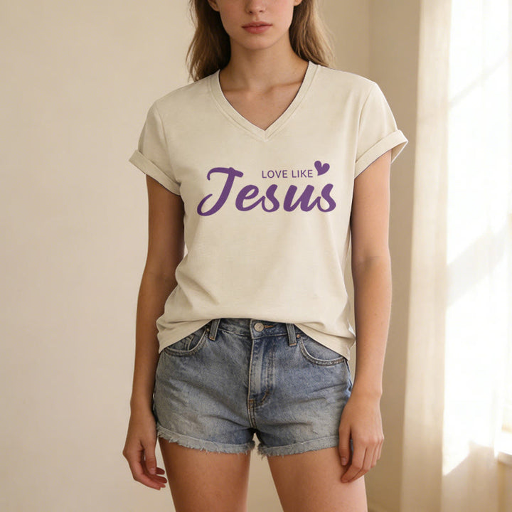 Christianartworkshop Liebe Person hinter mir – Rückseite: Johannes 15,12 – Vorderseite: Liebes-Slogan – Lässiges V-Ausschnitt-T-Shirt - image 21