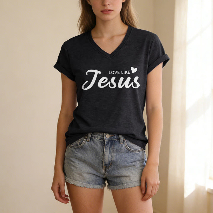 Christianartworkshop Liebe Person hinter mir – Rückseite: Johannes 15,12 – Vorderseite: Liebes-Slogan – Lässiges V-Ausschnitt-T-Shirt - image 15