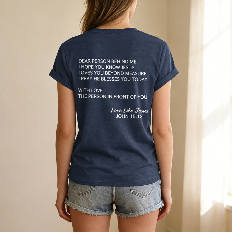 Christianartworkshop Liebe Person hinter mir – Rückseite: Johannes 15,12 – Vorderseite: Liebes-Slogan – Lässiges V-Ausschnitt-T-Shirt - image 47