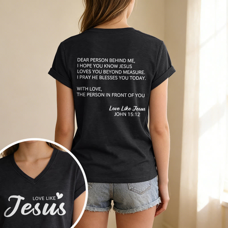 Christianartworkshop Liebe Person hinter mir – Rückseite: Johannes 15,12 – Vorderseite: Liebes-Slogan – Lässiges V-Ausschnitt-T-Shirt - image 13