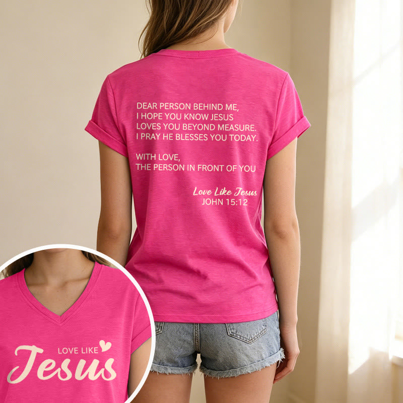 Christianartworkshop Liebe Person hinter mir – Rückseite: Johannes 15,12 – Vorderseite: Liebes-Slogan – Lässiges V-Ausschnitt-T-Shirt - image 49