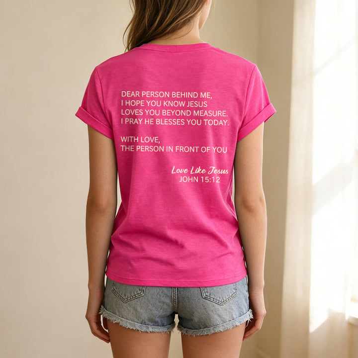 Christianartworkshop Liebe Person hinter mir – Rückseite: Johannes 15,12 – Vorderseite: Liebes-Slogan – Lässiges V-Ausschnitt-T-Shirt - image 53
