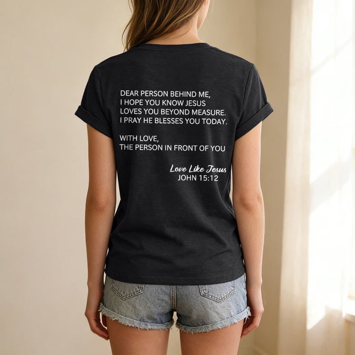 Christianartworkshop Liebe Person hinter mir – Rückseite: Johannes 15,12 – Vorderseite: Liebes-Slogan – Lässiges V-Ausschnitt-T-Shirt - image 17