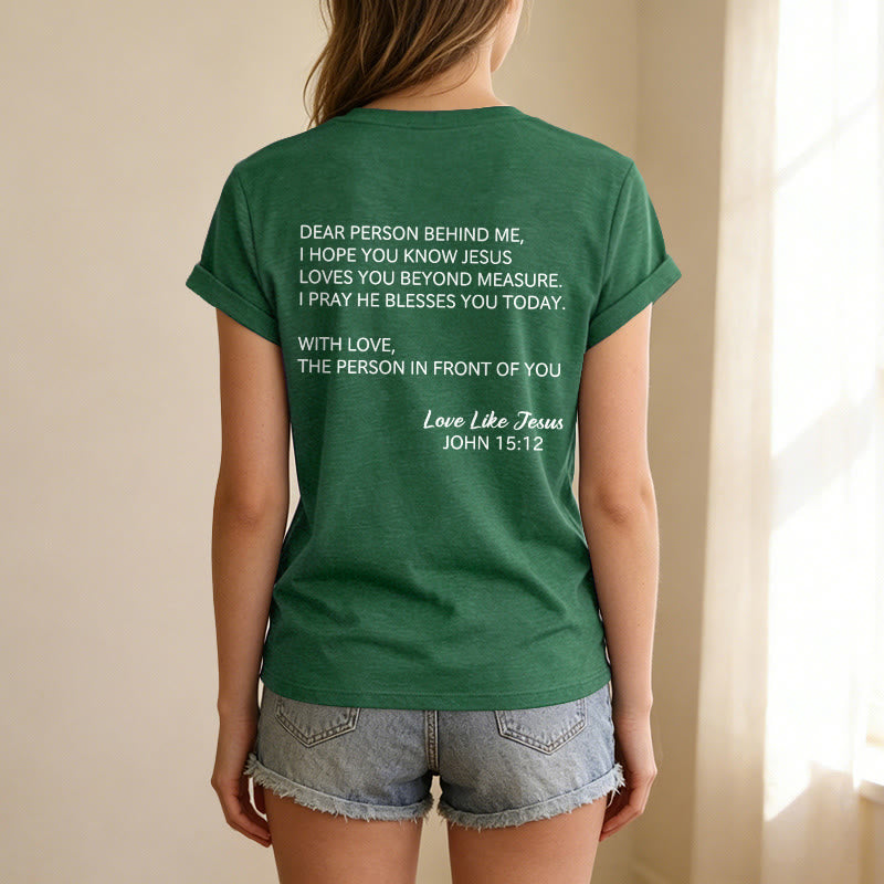 Christianartworkshop Liebe Person hinter mir – Rückseite: Johannes 15,12 – Vorderseite: Liebes-Slogan – Lässiges V-Ausschnitt-T-Shirt - image 77