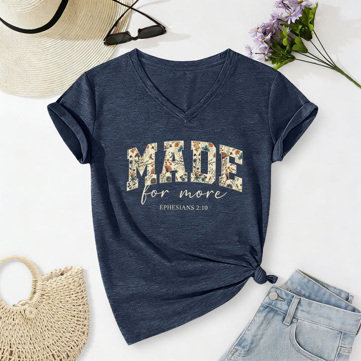 Christianartworkshop Lässiges T-Shirt mit V-Ausschnitt und floralem Muster in College-Schriftart und Kursivschrift, verziert mit dem Bibelvers Epheser 2,10. - Marineblau - 2XL - image 0