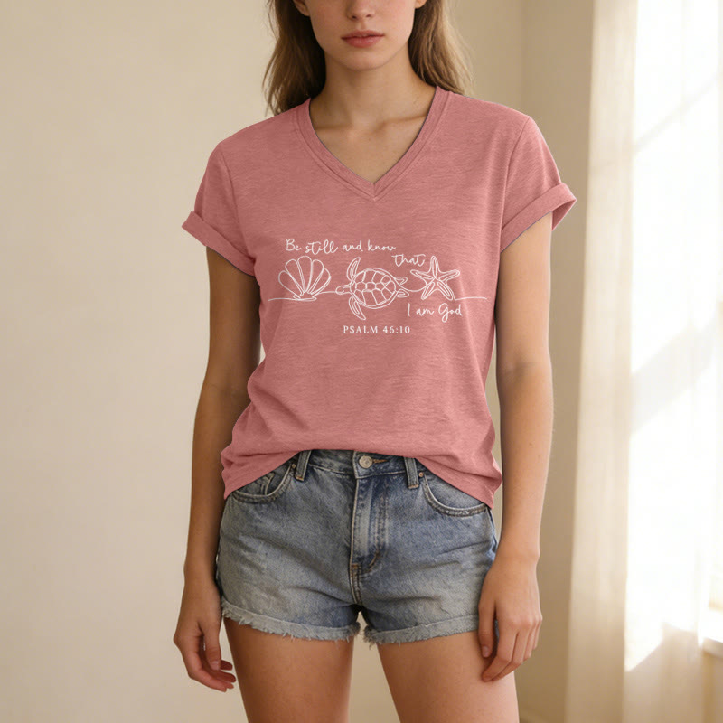 Christianartworkshop Sei still und erkenne, dass ich Gott bin (Strichzeichnung Meeresschildkrötenpanzer Seestern Psalm 46,10) V-Ausschnitt-T-Shirt - image 5