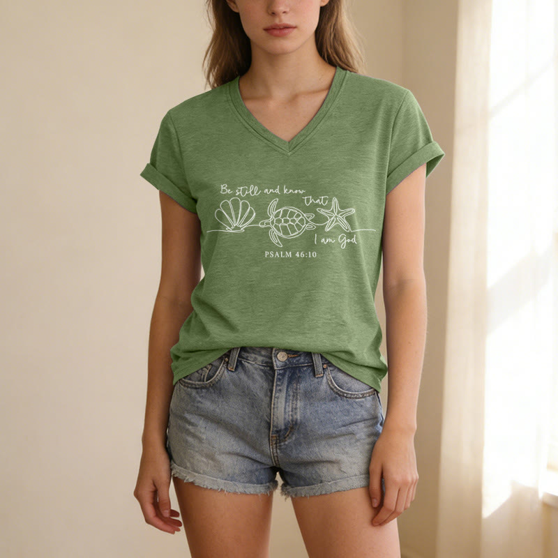 Christianartworkshop Sei still und erkenne, dass ich Gott bin (Strichzeichnung Meeresschildkrötenpanzer Seestern Psalm 46,10) V-Ausschnitt-T-Shirt - image 21