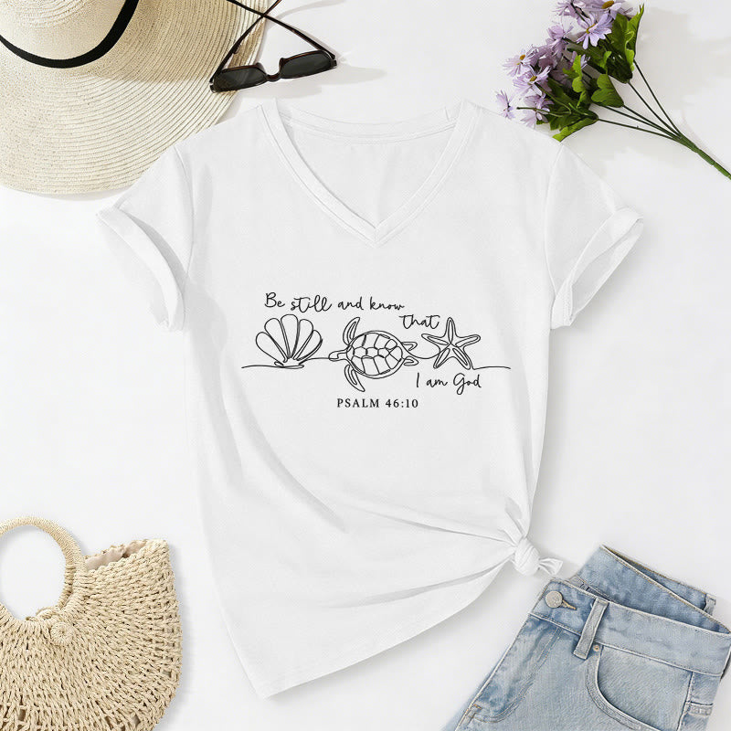 Christianartworkshop Sei still und erkenne, dass ich Gott bin (Strichzeichnung Meeresschildkrötenpanzer Seestern Psalm 46,10) V-Ausschnitt-T-Shirt - Weiß - 2XL - image 22