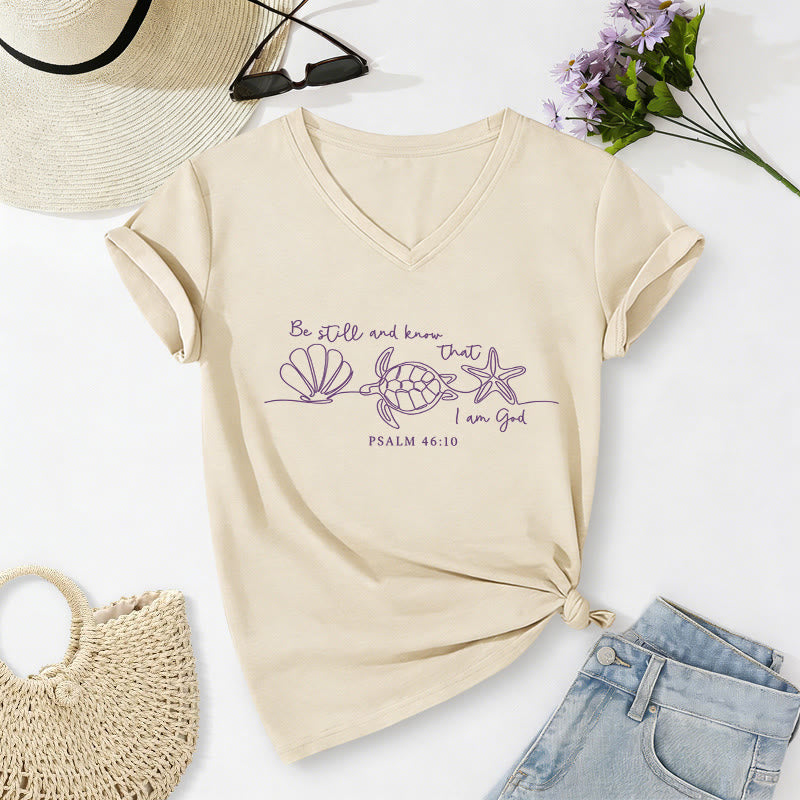 Christianartworkshop Sei still und erkenne, dass ich Gott bin (Strichzeichnung Meeresschildkrötenpanzer Seestern Psalm 46,10) V-Ausschnitt-T-Shirt - Beige - 2XL - image 8