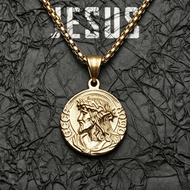 Christianartworkshop Dornenkrone-Jesus-Porträt-Rundmedaillen-Kettenanhänger: Zeitloses Symbol sanfter himmlischer Fürsorge - Golden - image 2