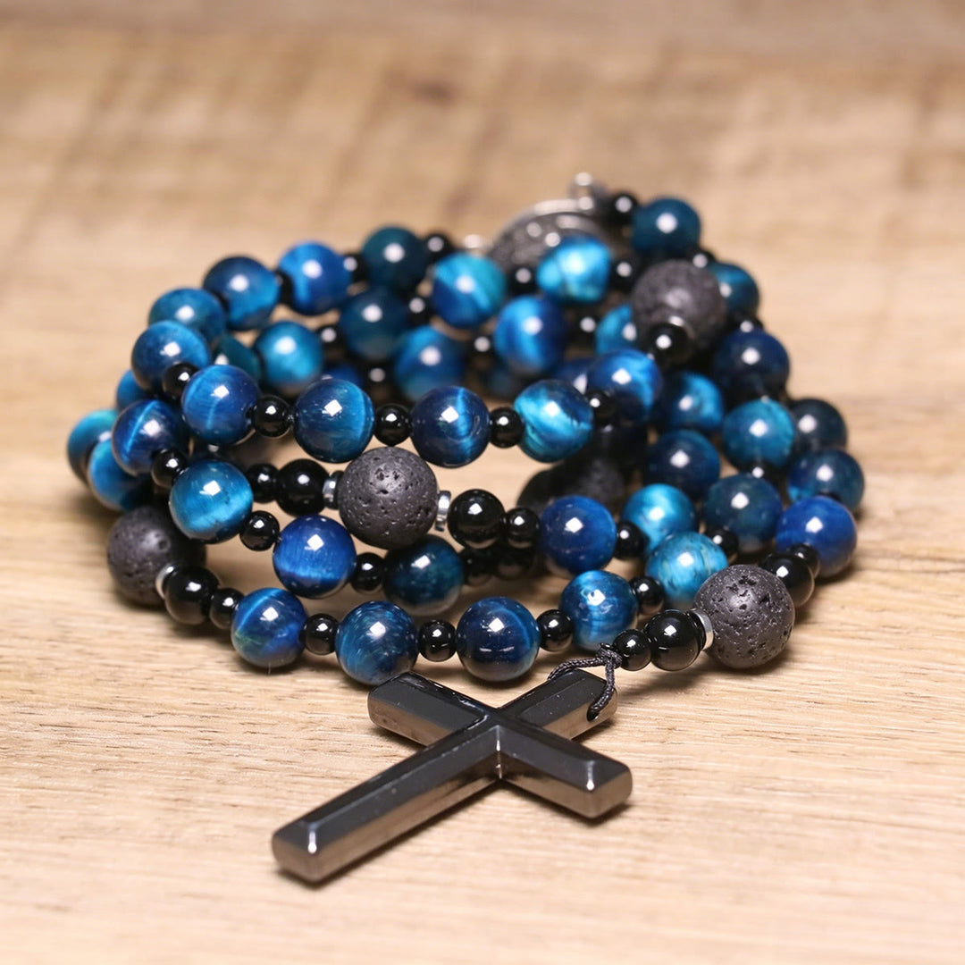 Christianartworkshop Rosenkranz aus blauem Tigerauge: Zeitloses Symbol sanfter himmlischer Fürsorge - Rosenkranz aus blauem Tigerauge - image 0
