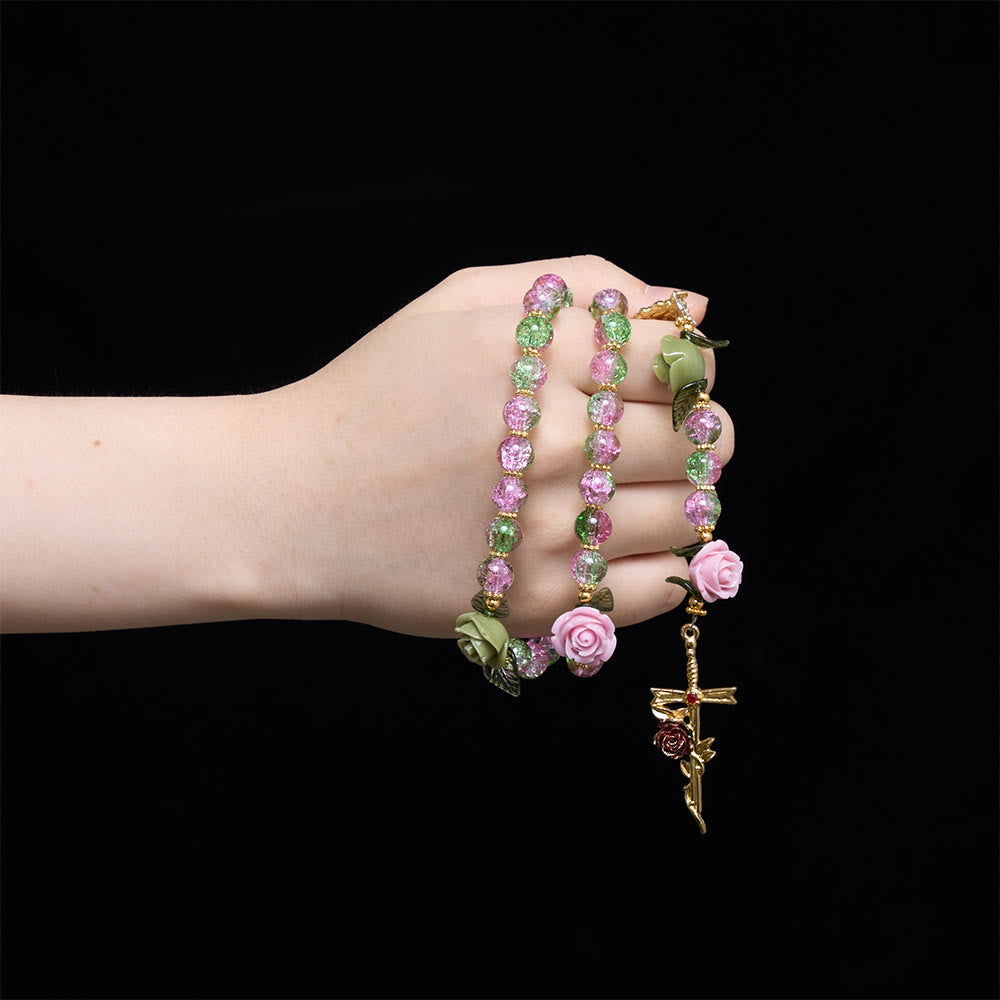 Christianartworkshop Rosenkranz aus rosa und grünen, facettierten Glasperlen mit Crackle-Effekt und Rosenmotiven, Marienkreuz - image 1