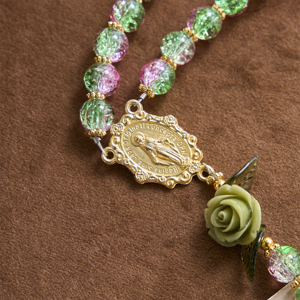 Christianartworkshop Rosenkranz aus rosa und grünen, facettierten Glasperlen mit Crackle-Effekt und Rosenmotiven, Marienkreuz - image 6