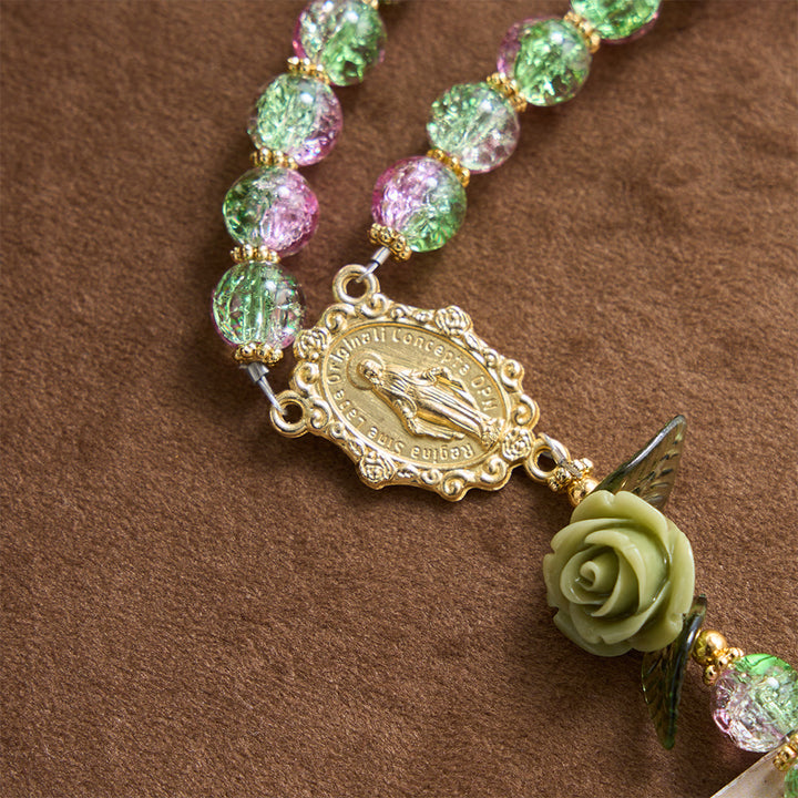 Christianartworkshop Rosenkranz aus rosa und grünen, facettierten Glasperlen mit Crackle-Effekt und Rosenmotiven, Marienkreuz - image 6