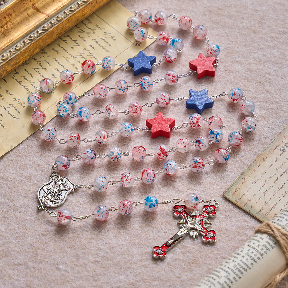 Christianartworkshop Rosenkranz mit gesprenkelten Perlen, patriotischem Stern, St.-Michael-Schildmedaillon, emailliertem Sternkreuz - image 2