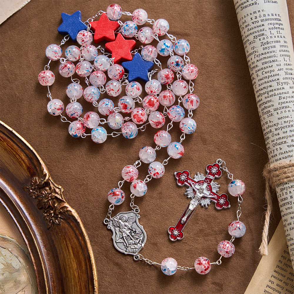 Christianartworkshop Rosenkranz mit gesprenkelten Perlen, patriotischem Stern, St.-Michael-Schildmedaillon, emailliertem Sternkreuz - Patriotischer Sternenrosenkranz - image 0