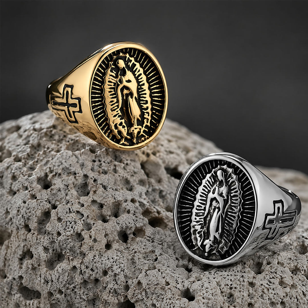 Christianartworkshop Statement-Ring mit dem Kreuz Unserer Lieben Frau von Guadalupe in tiefem Relief: Zeitloses Symbol unerschütterlichen, heiligen Glaubens - image 0