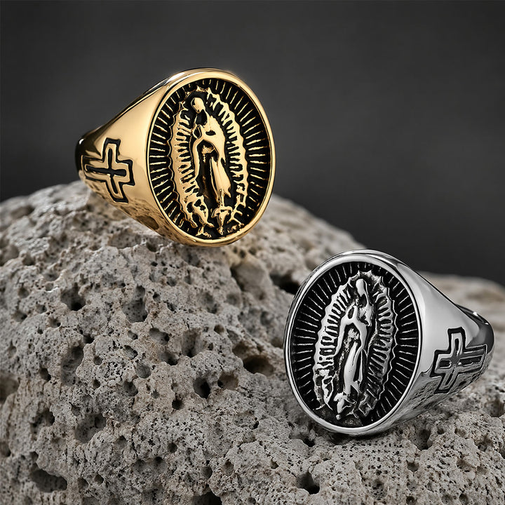 Christianartworkshop Statement-Ring mit dem Kreuz Unserer Lieben Frau von Guadalupe in tiefem Relief: Zeitloses Symbol unerschütterlichen, heiligen Glaubens - image 0