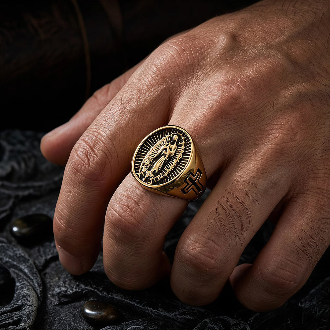Christianartworkshop Statement-Ring mit dem Kreuz Unserer Lieben Frau von Guadalupe in tiefem Relief: Zeitloses Symbol unerschütterlichen, heiligen Glaubens - image 4