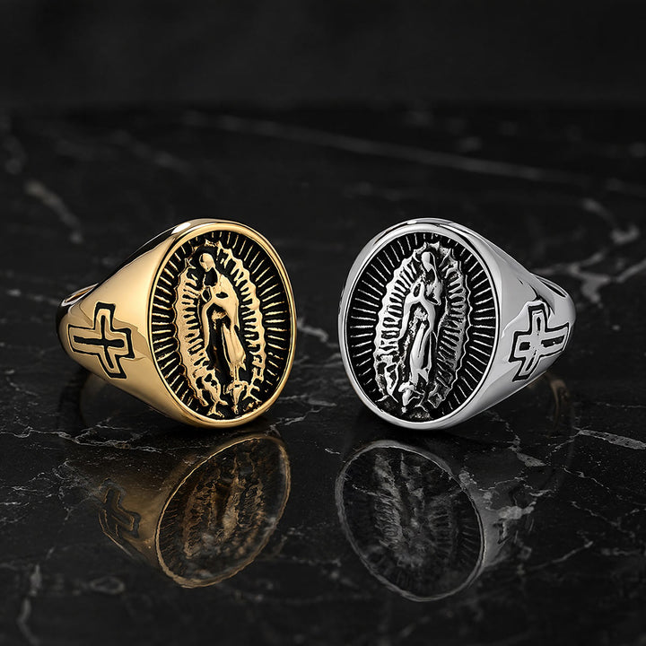 Christianartworkshop Statement-Ring mit dem Kreuz Unserer Lieben Frau von Guadalupe in tiefem Relief: Zeitloses Symbol unerschütterlichen, heiligen Glaubens - image 1