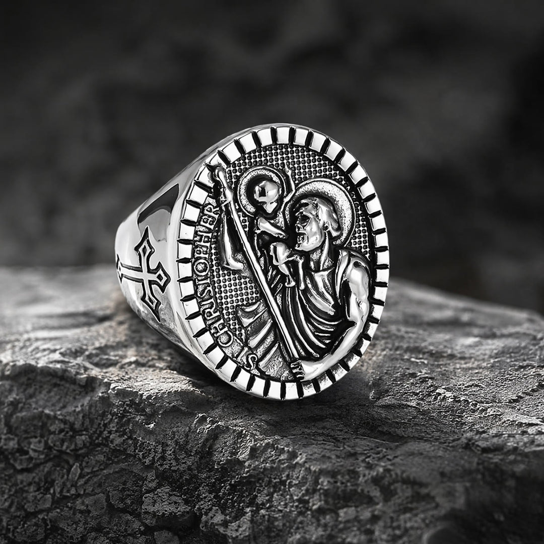 Christianartworkshop St. Christopher Runder Siegelring mit geriffeltem Rand: Zeitloses Symbol unerschütterlichen heiligen Glaubens - Silber - US 12 - image 3