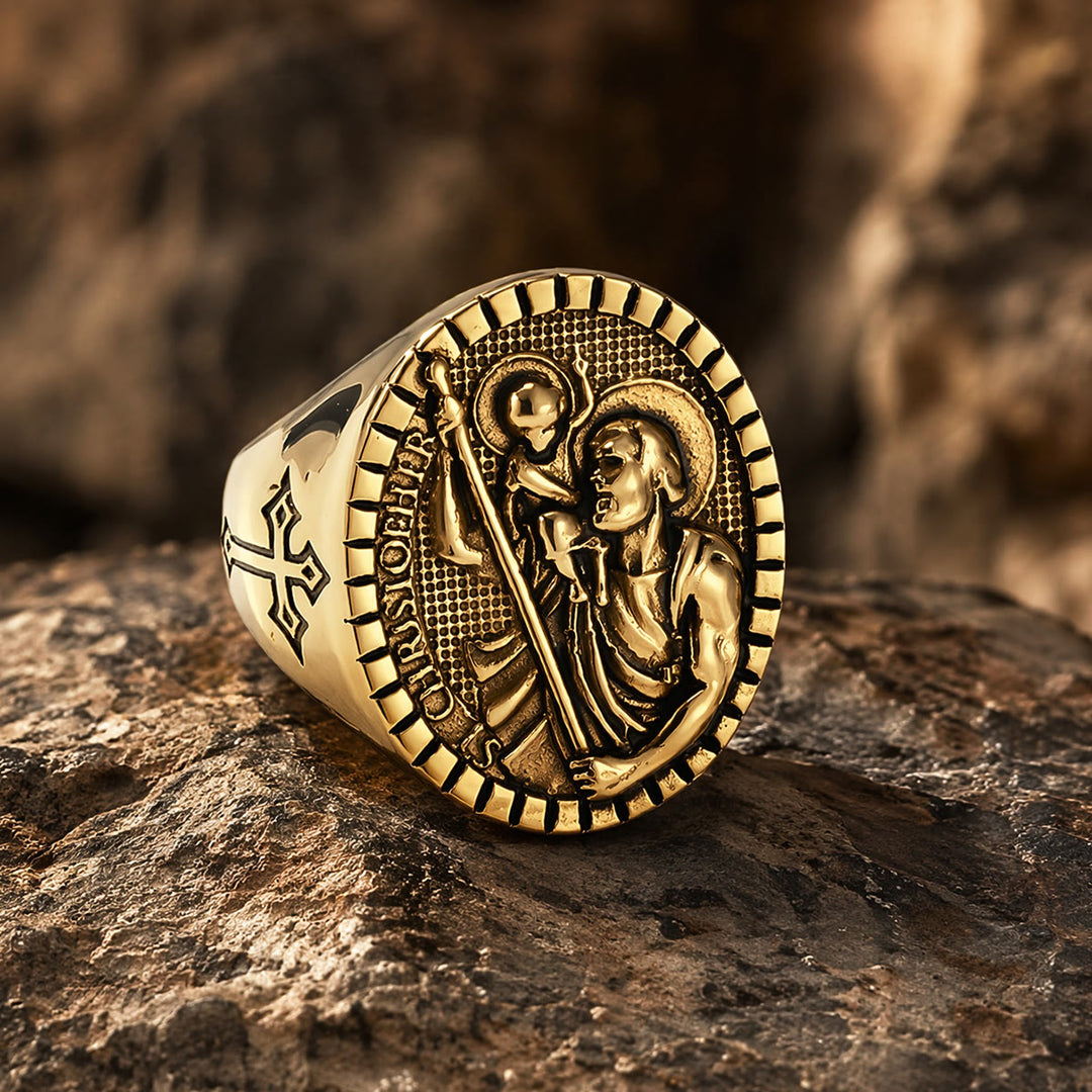 Christianartworkshop St. Christopher Runder Siegelring mit geriffeltem Rand: Zeitloses Symbol unerschütterlichen heiligen Glaubens - Golden - US 12 - image 10