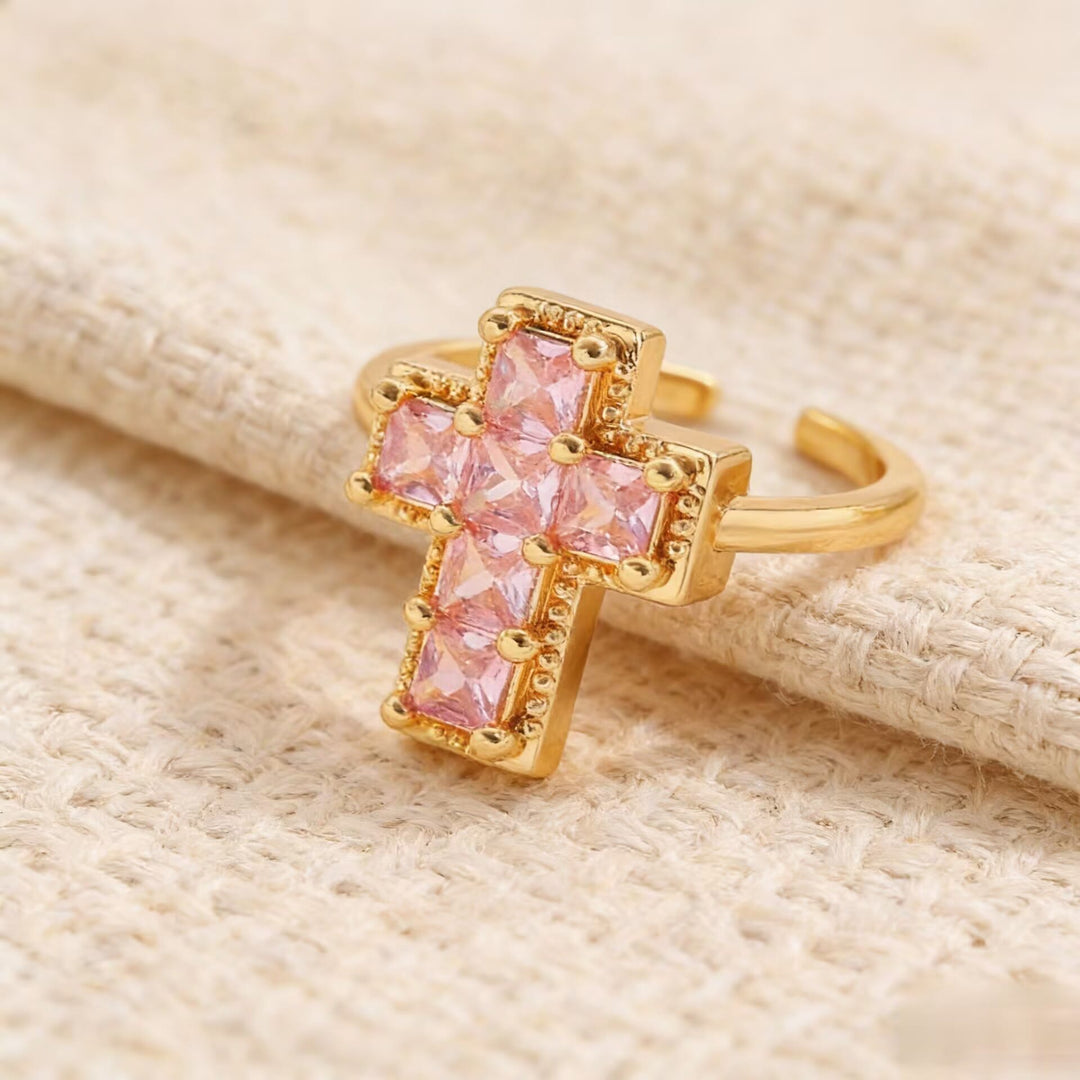 Christianartworkshop Verstellbarer Glaubensring mit mehrfarbigem Rahmen und Kreuz: Zeitloses Symbol unerschütterlichen, heiligen Glaubens - Rosa (Passend für US-Größen 7-11) - image 8