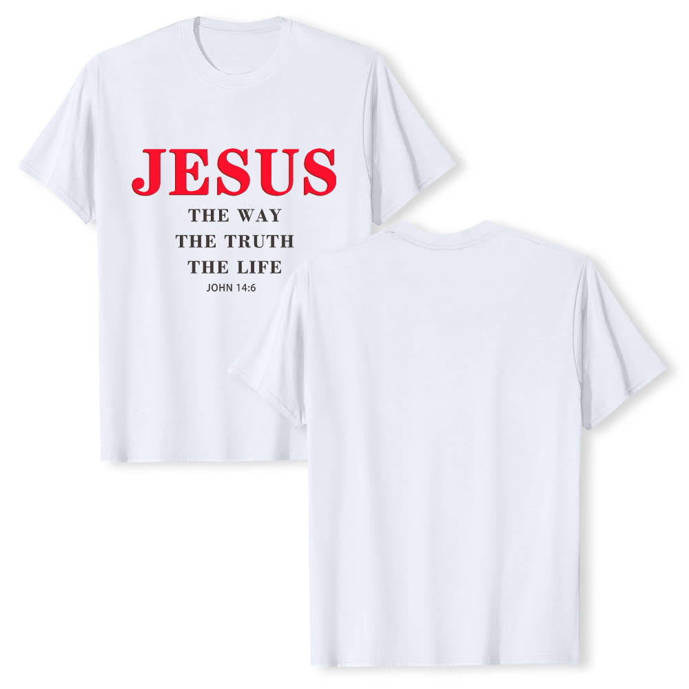 Christianartworkshop Hochwertiges Kurzarm-T-Shirt mit großem, fettem Serifenaufdruck: „Jesus – Der Weg, die Wahrheit, das Leben“ (Johannes 14,6). - image 1