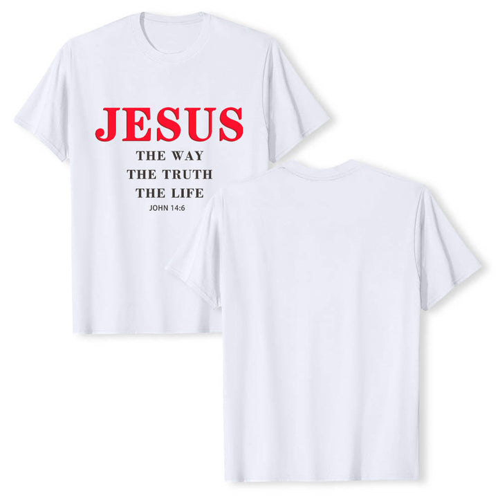 Christianartworkshop Hochwertiges Kurzarm-T-Shirt mit großem, fettem Serifenaufdruck: „Jesus – Der Weg, die Wahrheit, das Leben“ (Johannes 14,6). - image 1