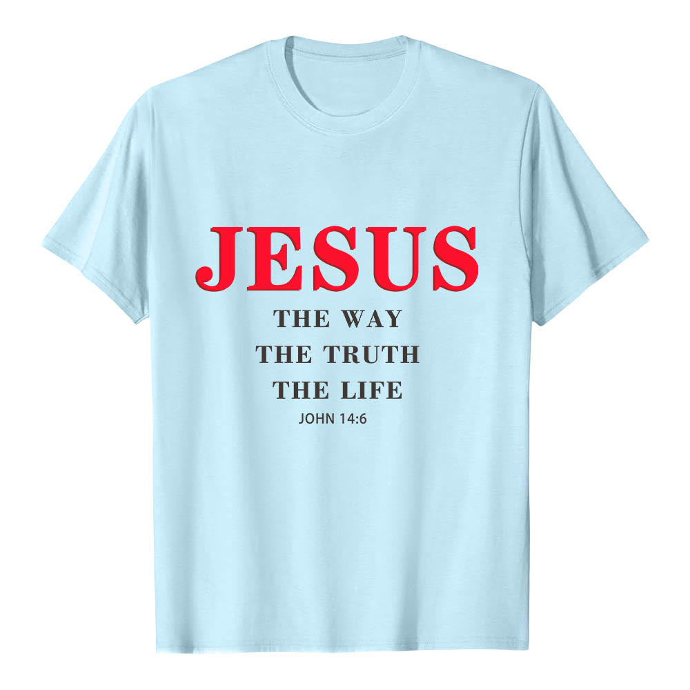 Christianartworkshop Hochwertiges Kurzarm-T-Shirt mit großem, fettem Serifenaufdruck: „Jesus – Der Weg, die Wahrheit, das Leben“ (Johannes 14,6). - Blau - 2XL - image 6