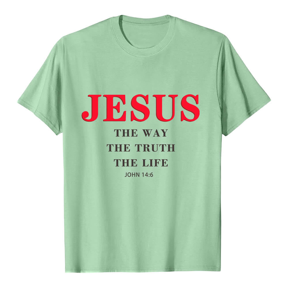 Christianartworkshop Hochwertiges Kurzarm-T-Shirt mit großem, fettem Serifenaufdruck: „Jesus – Der Weg, die Wahrheit, das Leben“ (Johannes 14,6). - Hellgrün - 2XL - image 21