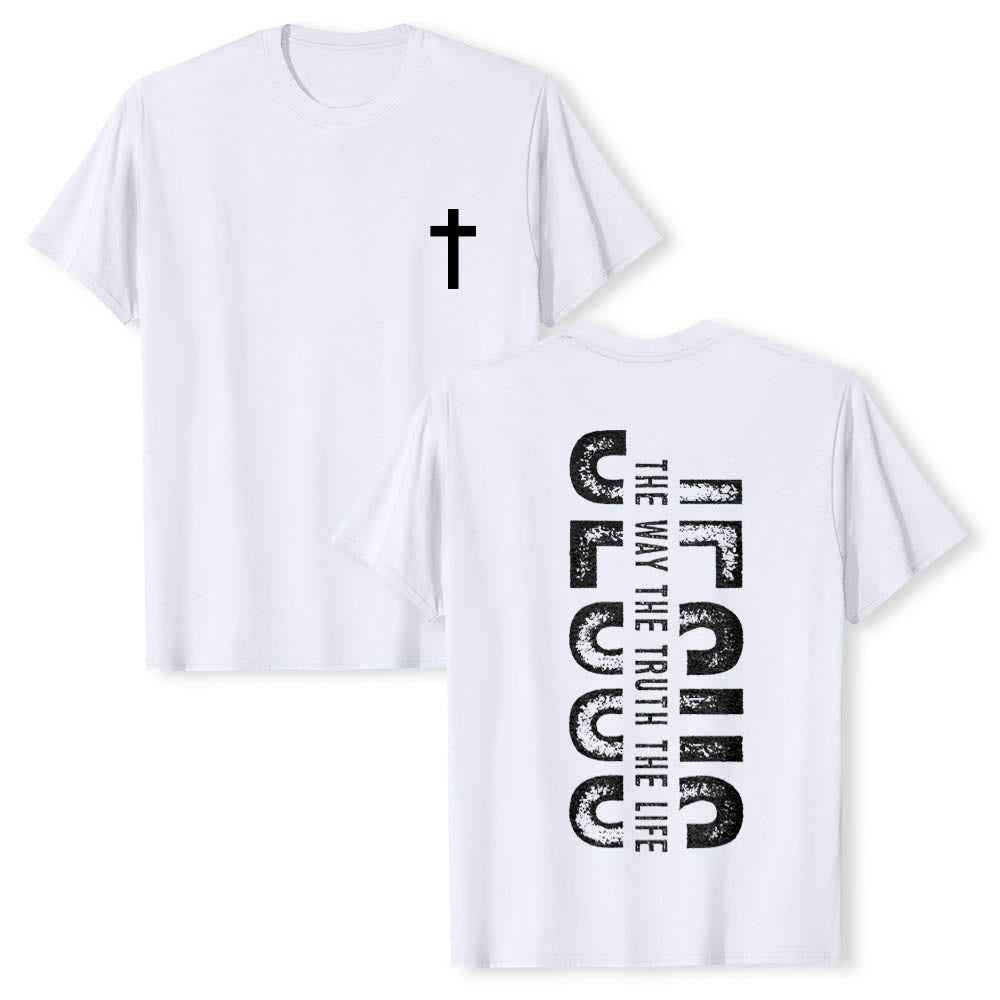 Christianartworkshop Premium Kurzarm-T-Shirt mit gekreuzten Vorder- und Rückseiten, vertikalem Used-Look und Aufdruck: JESUS ​​– Der Weg, die Wahrheit, das Leben - Weiß - 2XL - image 3