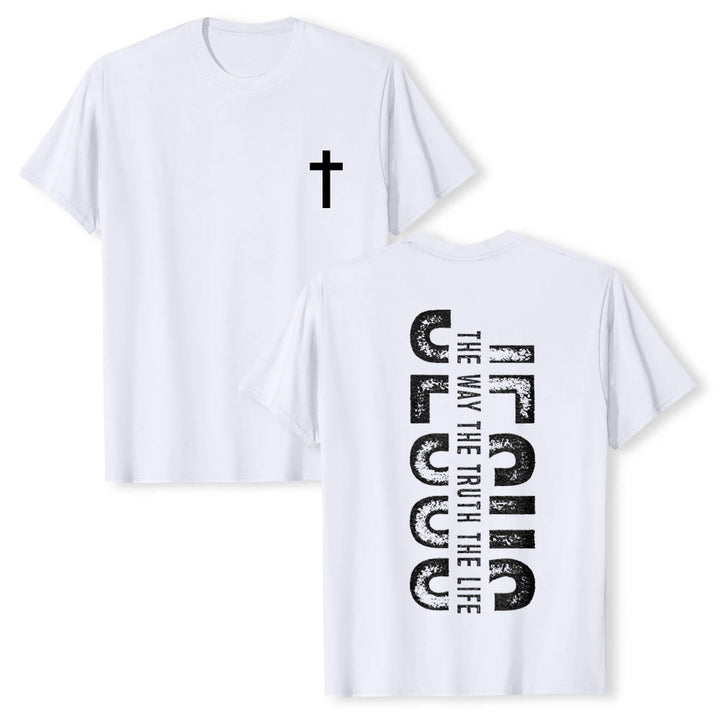 Christianartworkshop Premium Kurzarm-T-Shirt mit gekreuzten Vorder- und Rückseiten, vertikalem Used-Look und Aufdruck: JESUS ​​– Der Weg, die Wahrheit, das Leben - Weiß - 2XL - image 3