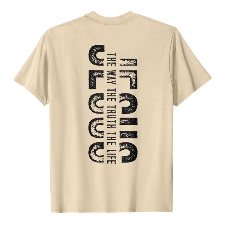 Christianartworkshop Premium Kurzarm-T-Shirt mit gekreuzten Vorder- und Rückseiten, vertikalem Used-Look und Aufdruck: JESUS ​​– Der Weg, die Wahrheit, das Leben - image 20