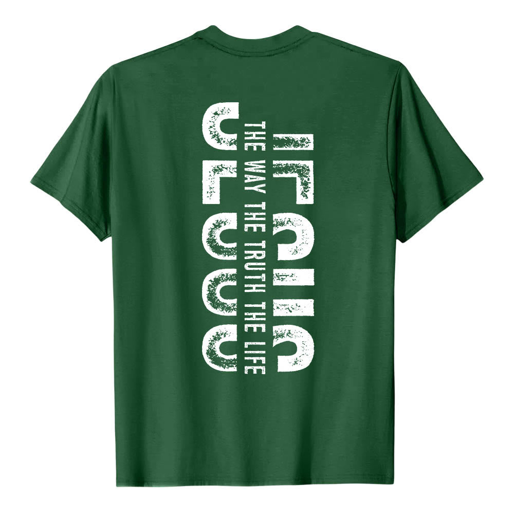 Christianartworkshop Premium Kurzarm-T-Shirt mit gekreuzten Vorder- und Rückseiten, vertikalem Used-Look und Aufdruck: JESUS ​​– Der Weg, die Wahrheit, das Leben - image 8