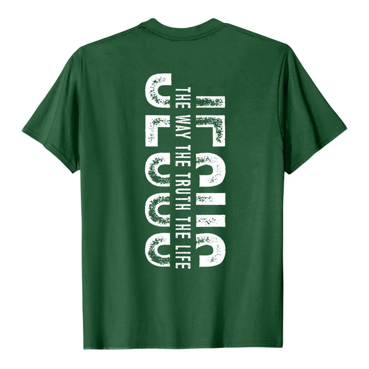 Christianartworkshop Premium Kurzarm-T-Shirt mit gekreuzten Vorder- und Rückseiten, vertikalem Used-Look und Aufdruck: JESUS ​​– Der Weg, die Wahrheit, das Leben - image 8