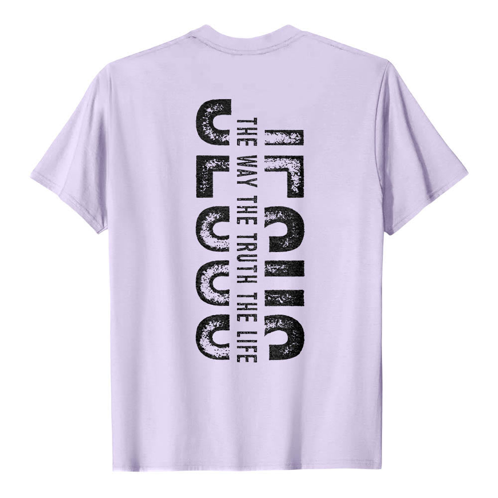 Christianartworkshop Premium Kurzarm-T-Shirt mit gekreuzten Vorder- und Rückseiten, vertikalem Used-Look und Aufdruck: JESUS ​​– Der Weg, die Wahrheit, das Leben - image 14