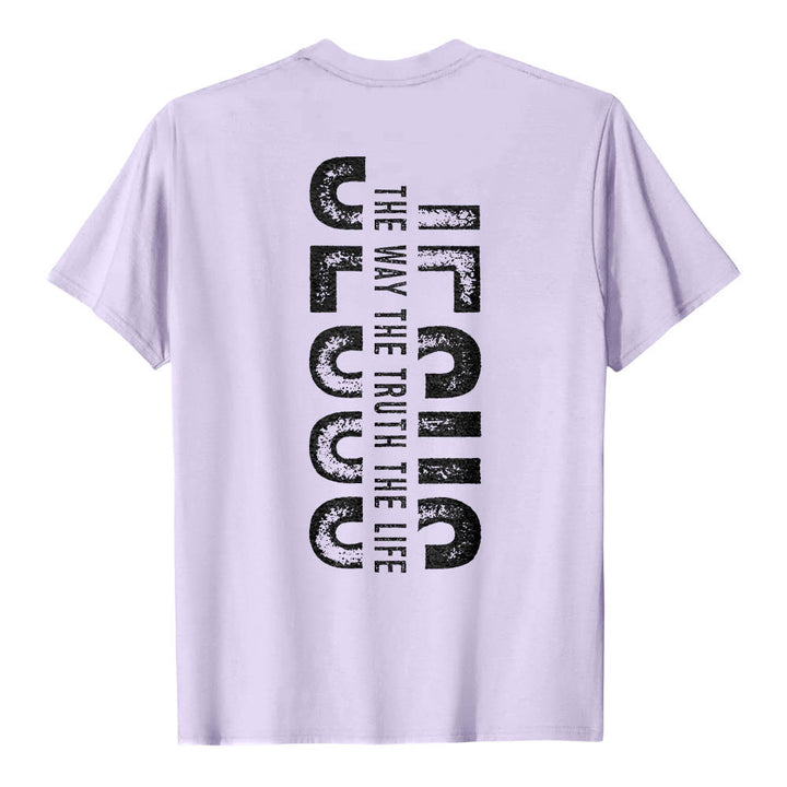 Christianartworkshop Premium Kurzarm-T-Shirt mit gekreuzten Vorder- und Rückseiten, vertikalem Used-Look und Aufdruck: JESUS ​​– Der Weg, die Wahrheit, das Leben - image 14