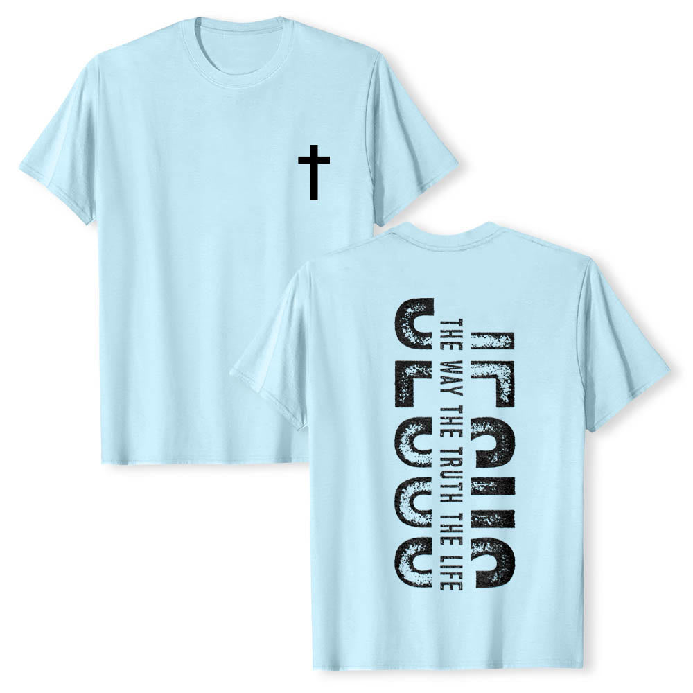 Christianartworkshop Premium Kurzarm-T-Shirt mit gekreuzten Vorder- und Rückseiten, vertikalem Used-Look und Aufdruck: JESUS ​​– Der Weg, die Wahrheit, das Leben - Blau - 2XL - image 9